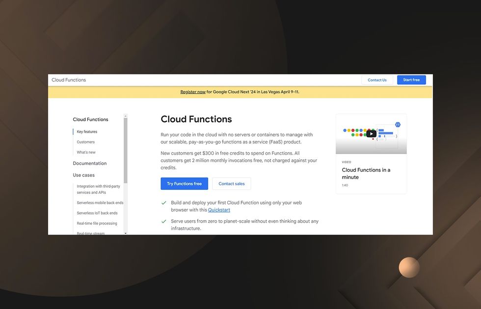 Azure cloud functions landing page.